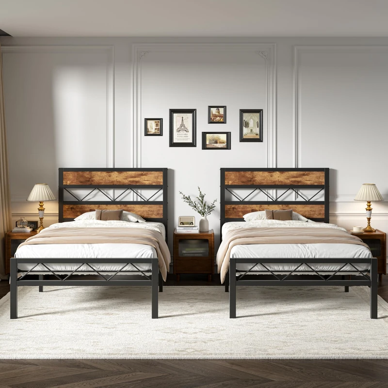 VECELO Single Bed Frame Set of 2 with Rustic Vintage Wooden Headboard, Heavy Duty Metal Slats Support, Platform Mattress Base No Box Spring Needed, No Noise, Easy Assembly