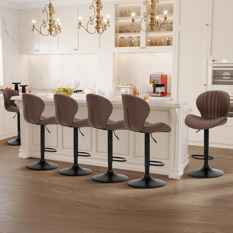 COLAMY Breakfast Bar Stools Set of 6, Modern Swivel Kitchen Bar Chairs, Adjustable PU Leather Upholstered Barstools Counter Height with High Backrest for Kitchen Island, Dining Room, Brown