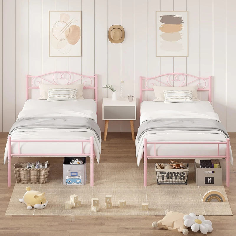 VECELO 3ft Single Bed Frame Set of 2, 90×190 cm Metal Platform Mattress Foundation with Headboard & Footboard, Heavy Duty Slats Support, No Box Spring Needed