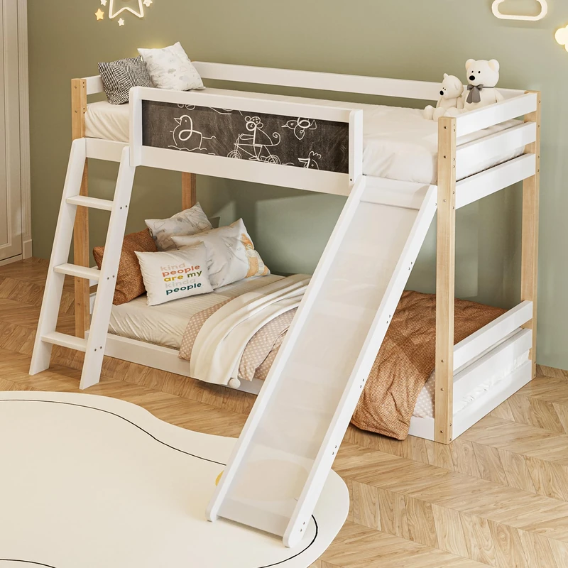 Ball & Cast Wooden Bunk Beds for Kids with Slide, Stairs and Guard Rail, Space-Saving Single Bed with Slatted Frame, Adjustable Lower Frame, White, 90x190 cm + 90x200 cm(No Mattress)