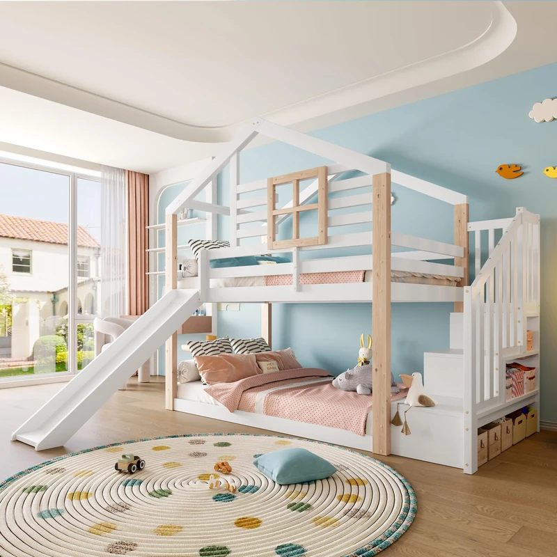 Ball & Cast Kids Bunk Bed with Slide and Stairs, Scandinavian Style Solid Wood Bed Frame with Safety Guard Rails, Built-in Storage, Space-Saving Design for Siblings
