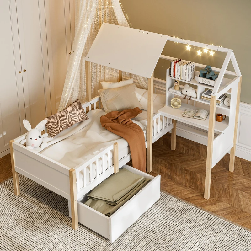 Ball & Cast 90 x 190 cm Kids House Bed with Safety Guard Rail, Solid Wood Bed Frame with Slatted Base, L-Shaped Desk, Bookcase & Rolling Storage Drawers, White