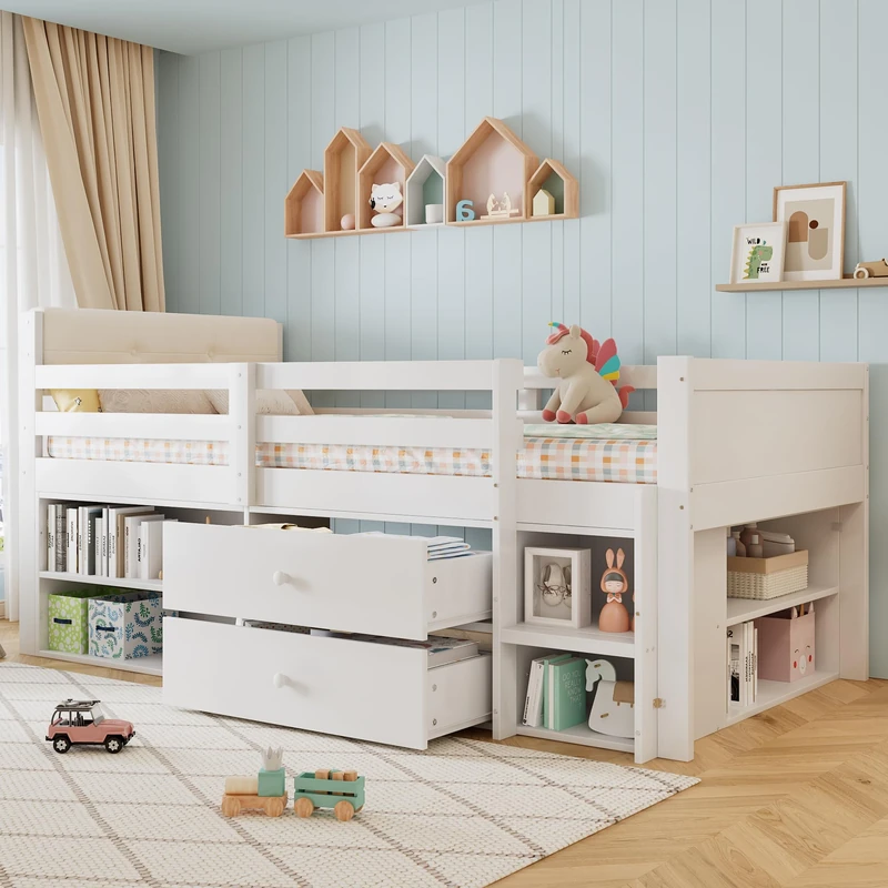 Ball & Cast Wooden bed, Storage Bed, Children's bed, 3ft single bed 90x190cm, Safety guardrail, Two drawers, storage compartments, Upholstered Headboard, Pine wood + particle board, White