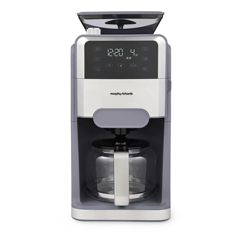 Morphy Richards Zino Grind & Brew Automatic Filter Coffee Machine, Quick Brewing Time, 1.5L Glass Jug, Built-In Adjustable Coffee Grinder, Auto Standby Mode, Touch Control, Stone, 162107