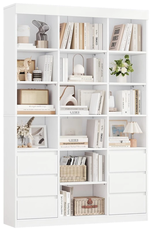 IRONCK Bookcase Bookshelf with 6 Drawers & 14 Multi-Size Open Cubes, White