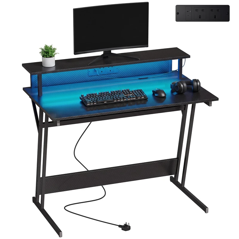 HOMCOM Gaming Desk, LED Lights, Power Outlets, 100x60cm, Black Carbon Fibre