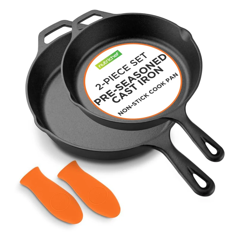 NutriChef Cast Iron Frying Pans 25cm & 30cm - Non Stick Silicone Handles