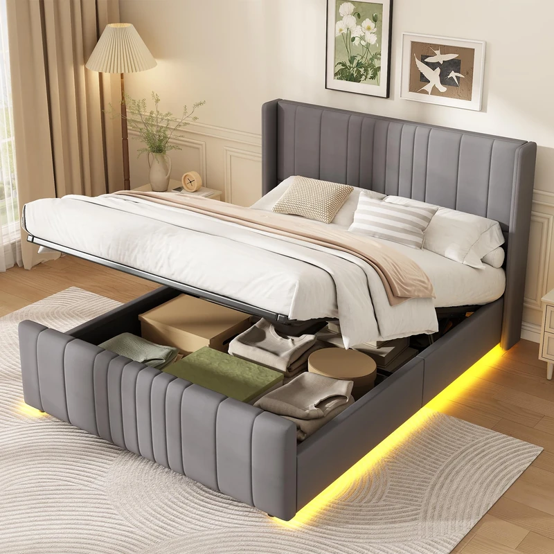 Ball & Cast 4FT6 Double Ottoman Bed with Hydraulic Storage, 135 x 190 cm Grey Velvet Upholstered Bed Frame with LED Strip, Double Bed Frame with Padded Headboard, Space Saving Storage Bed