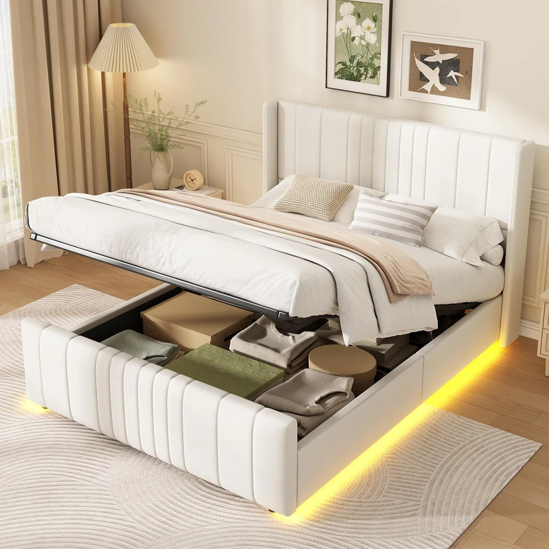 Ball & Cast 4FT6 Double Ottoman Bed with Hydraulic Storage, 135 x 190 cm Beige Velvet Upholstered Bed Frame with LED Strip, Double Bed Frame with Padded Headboard, Space Saving Storage Bed