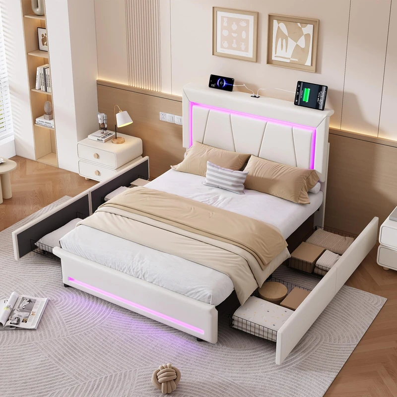 Ball & Cast 4FT6 Double Upholstered Bed Frame with Storage, 135 x 190 cm Velvet Double Bed Frame with 4 Drawers on Wheels, Adjustable Soft Headboard, LED Strip Lights and Wooden Slats