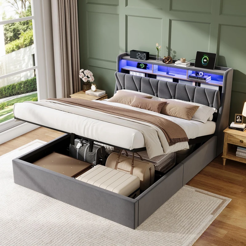 Ball & Cast Double Bed Frame 4ft6 with LED, USB C, Ottoman Bed Double with Lift Up Storage and Headboard, Beds, Frames and Bases with Slats and Metal Bedframe, Linen, Grey, 135x190 cm