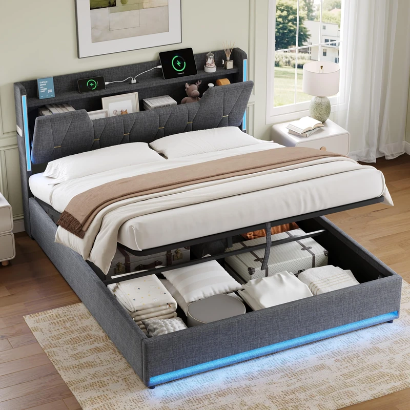 Ball & Cast King Size Ottoman Bed Frame with LED Flip-top Storage Headboard, 5ft Upholstered Platform Bed Frame with LED Lighting & Charging Station, Hydraulic Gas Lift Up Fabric Storage Bed, Grey