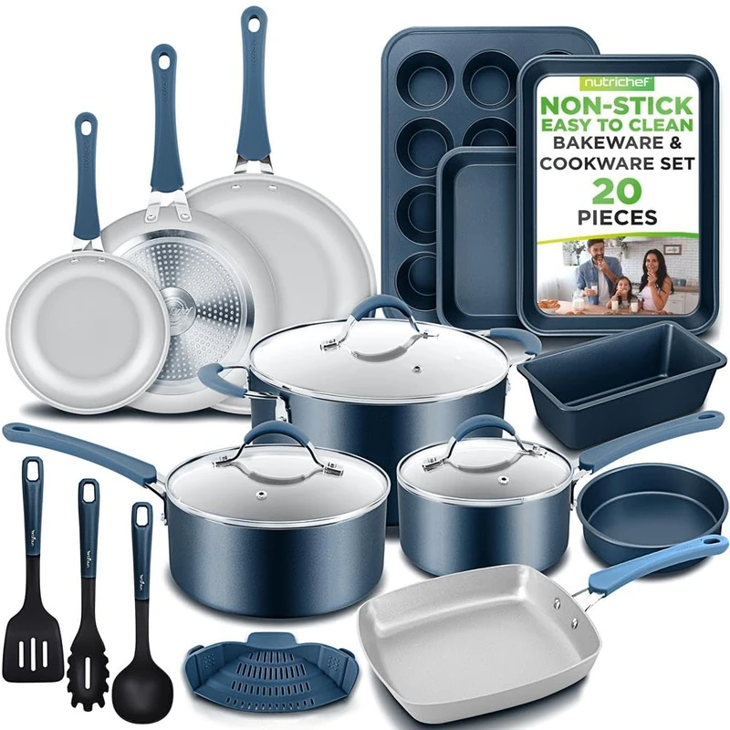 NutriChef Induction Cookware Set 20 Pieces Navy Blue Non-Stick Cookware with Lids and Baking Trays PFOA Free for Healthy Cooking and Baking for All Types of Stoves