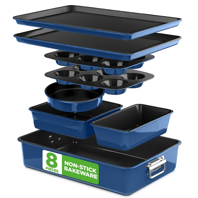Nutrichef 8 Piece Non-Stick Stackable Baking Pan Set - PFOA, PFOS, PTFE Free Baking Tray Set with Non-Stick Coating, Oven Safe up to 232°C (Blue)