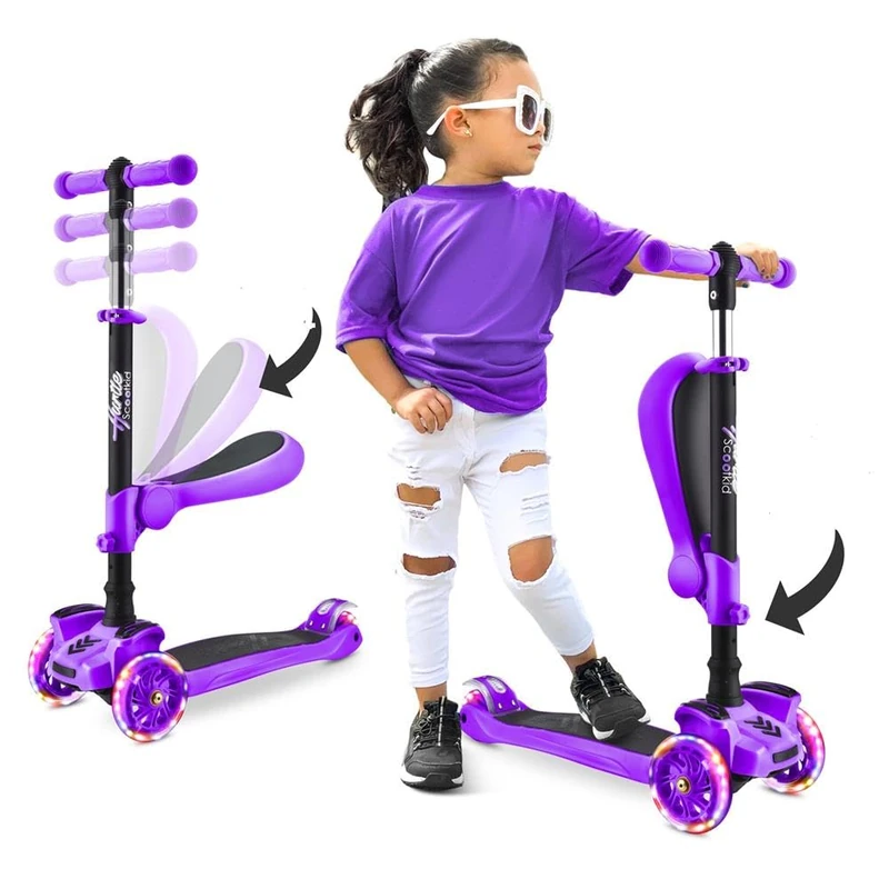 Hurtle 3-Wheel Try Scooter for Kids -Ages 1+ years, Flip-able Seat, Foldable, Flashing Lights, Adjustable Height