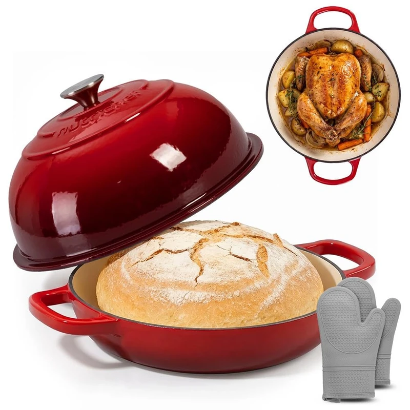 NutriChef Dutch Oven for Sourdough Bread 26 cm Enamelled Cast Iron Bread Oven with Dome Lid, Round Cast Iron Pot with Lid for Bread Baking, Includes Silicone Oven Gloves, Oven Safe Red
