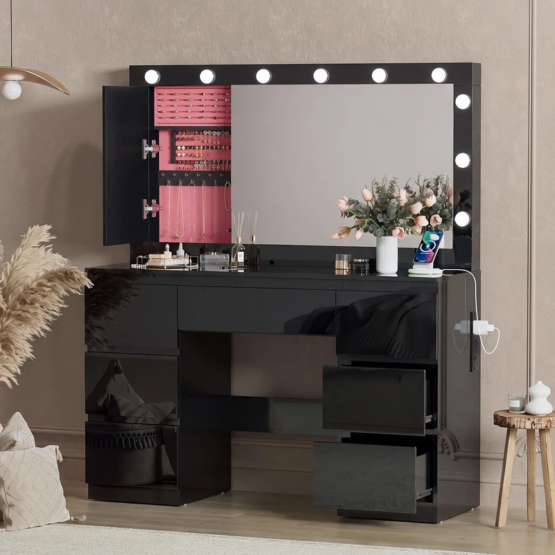 TRIUMPHKEY High Gloss Black Dressing Table with Large LED Mirror