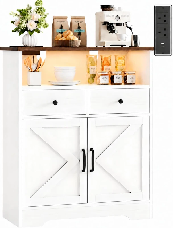 IRONCK Sideboard Kitchen Cabinet with LED Lights & Power Outlets, White
