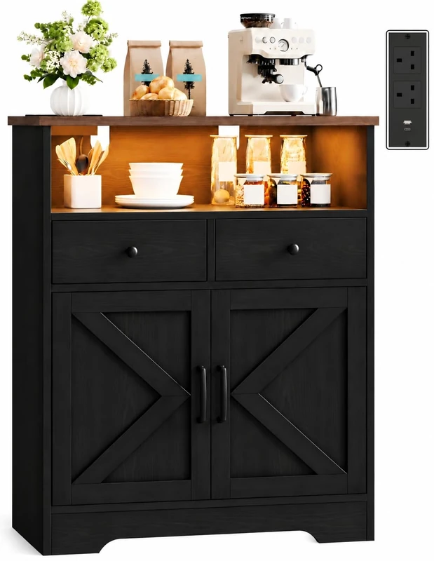 IRONCK Sideboard Kitchen Cabinet with LED Lights & Power Outlets, Black