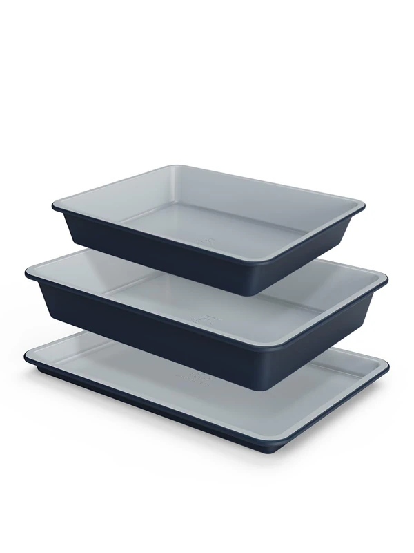 Prestige Ceramic Non Stick Oven Tray & Roasting Tin Set of 3 - French Navy
