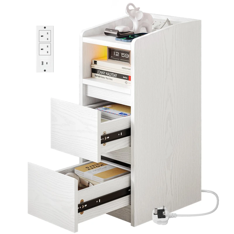 IRONCK Bedside Table with Charging Station, Narrow Nightstand (White)