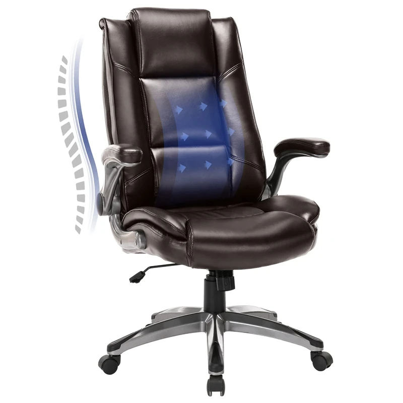 COLAMY Leather Executive Office Chair - High Back Home Computer Desk Chair with Padded Flip-up Arms, Adjustable Tilt Lock, Swivel Rolling Ergonomic Chair for Adult Working Study, Brown