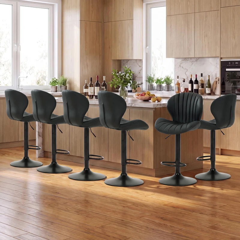 MALOL Breakfast Bar Stools Set of 6, Modern Swivel Kitchen Bar Chairs, Adjustable PU Leather Upholstered Barstools Counter Height with High Backrest for Kitchen Island, Dining Room, Black