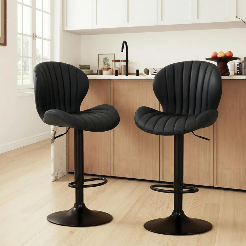 MALOL Breakfast Bar Stools Set of 2, Modern Swivel Kitchen Bar Chairs, Adjustable PU Leather Upholstered Barstools Counter Height with High Backrest for Kitchen Island, Dining Room, Black