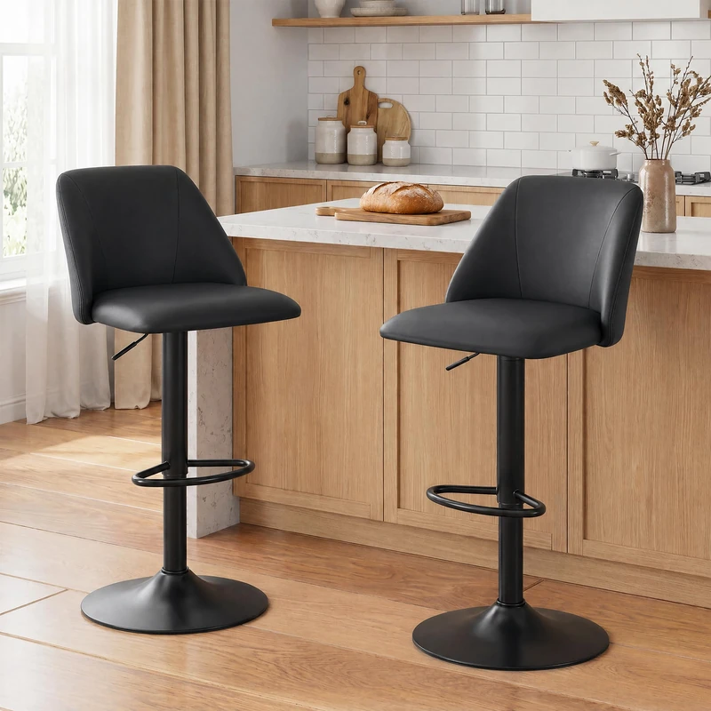 MALOL Breakfast Bar Stools Set of 2, Modern Swivel Kitchen Stool, Adjustable Upholstered Barstools Counter Height with Square Open Back for Bar Kitchen Island, Dining Room, Black