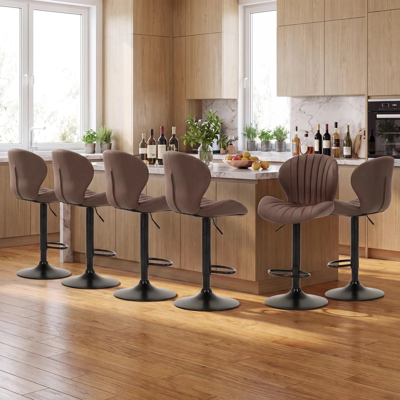 MALOL Breakfast Bar Stools Set of 6, Modern Swivel Kitchen Bar Chairs, Adjustable PU Leather Upholstered Barstools Counter Height with High Backrest for Kitchen Island, Dining Room, Brown