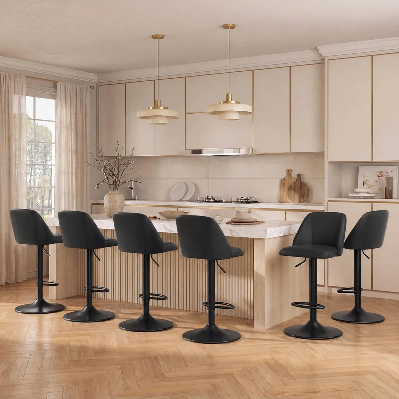 MALOL Breakfast Bar Stools Set of 6, Modern Swivel Kitchen Stool, Adjustable Upholstered Barstools Counter Height with Square Open Back for Bar Kitchen Island, Dining Room, Black