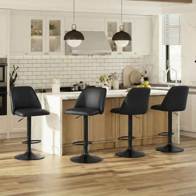 MALOL Breakfast Bar Stools Set of 4, Modern Swivel Kitchen Stool, Adjustable Upholstered Barstools Counter Height with Square Open Back for Bar Kitchen Island, Dining Room, Black