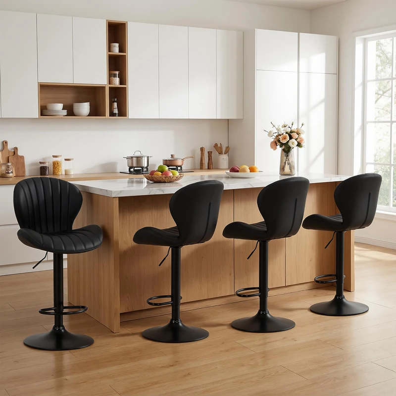 MALOL Breakfast Bar Stools Set of 4, Modern Swivel Kitchen Bar Chairs, Adjustable PU Leather Upholstered Barstools Counter Height with High Backrest for Kitchen Island, Dining Room, Black