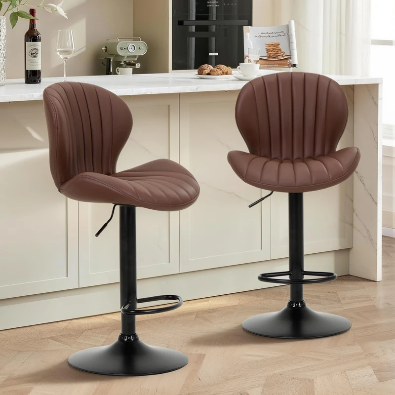 MALOL Breakfast Bar Stools Set of 2, Modern Swivel Kitchen Bar Chairs, Adjustable PU Leather Upholstered Barstools Counter Height with High Backrest for Kitchen Island, Dining Room, Brown