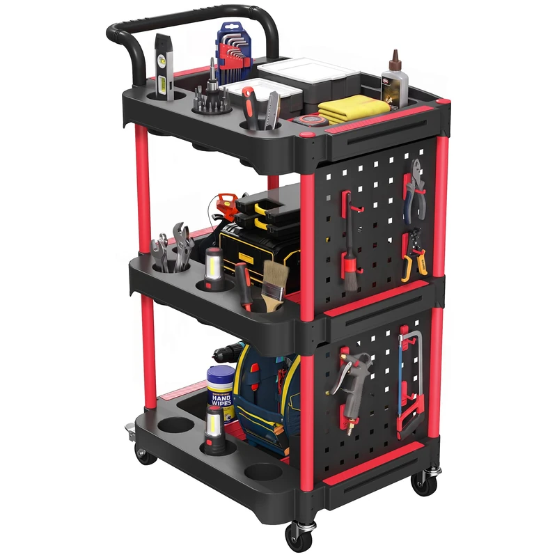 HOMCOM 3-Tier Rolling Tool Cart with Pegboard and Hooks, Black and Red