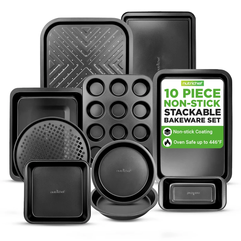 NutriChef 10 Piece Non-Stick Baking Tray Set - Heavy Duty Steel Baking Trays for Biscuits, Muffins, Cakes, Pizza and Roasts, Easy Food Release and Quick Cleaning