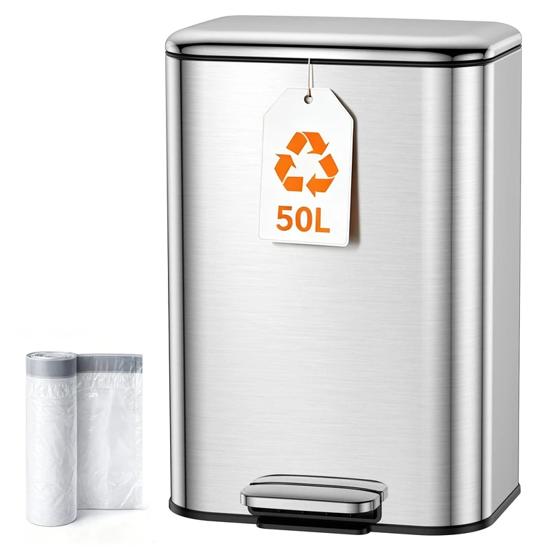 Kitchen Bin 50L, Pedal Bin,13 Gallon Stainless Steel Soft‑Close Rubbish bin