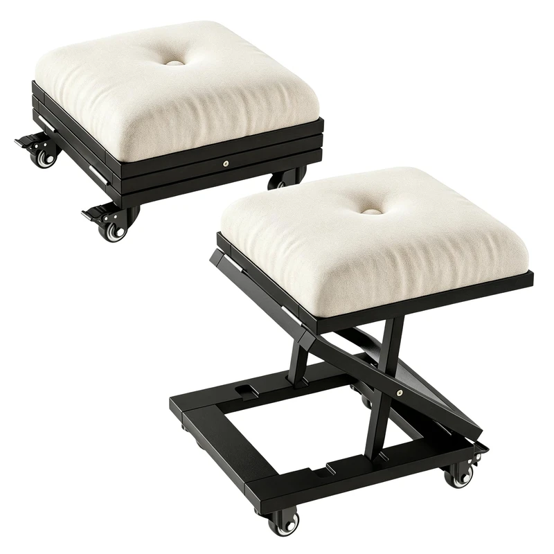 VECELO Foot Rest Under Desk Ottoman with Wheels, Height Adjustable Rolling Foot Stool Set of 2 with Cushioned Seat for Living Room, Bedroom, Home Office