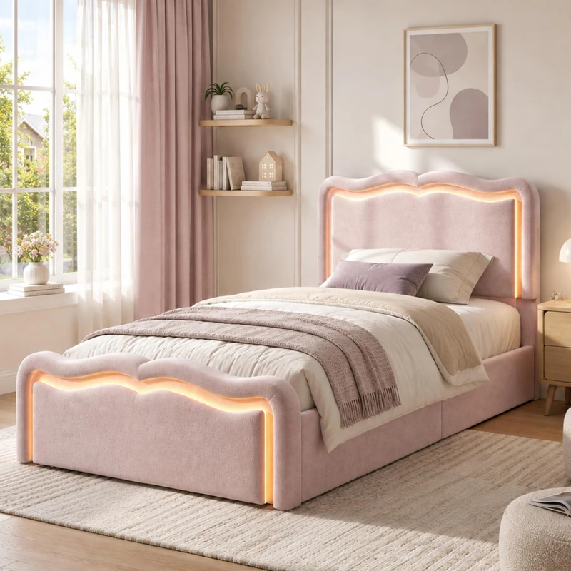 Ball & Cast 3FT Single Ottoman Bed Frame 90x190cm, Upholstered Hydraulic Storage Bed with LED Lights, Wave Headboard & Metal Slatted Base, Pink, Velvet
