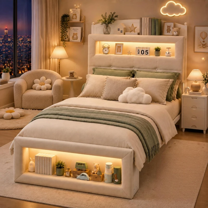 Ball & Cast 3FT Single Kids Bed Frame 90 x 190 cm, Upholstered Bed with House-Inspired LED Storage Headboard, Charging Station & 2 Reversible Drawers, Cream White, Velvet