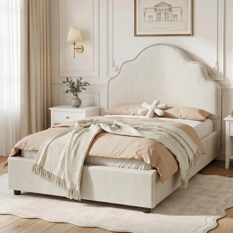 Ball & Cast Scalloped Upholstered Kids Bed Frame 3FT Single(90 x 190 cm) - Princess Style Bed with Curved Headboard, Soft Linen Fabric, Padded Low Platform Bed for Bedroom, Beige, Linen