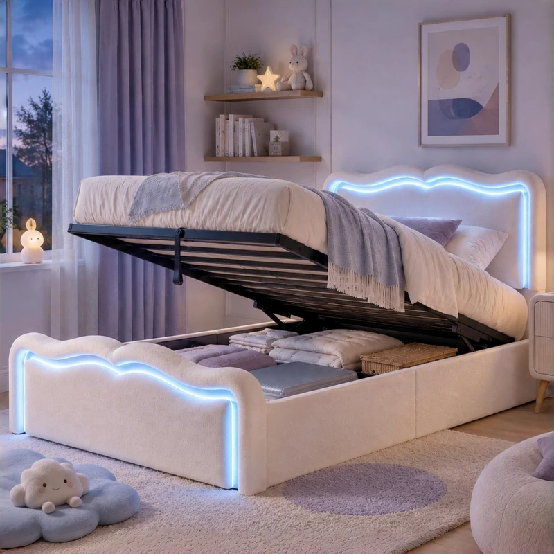 Ball & Cast 3FT Single Ottoman Bed Frame 90x190cm, Upholstered Hydraulic Storage Bed with LED Lights, Wave Headboard & Metal Slatted Base, Cream White, Velvet