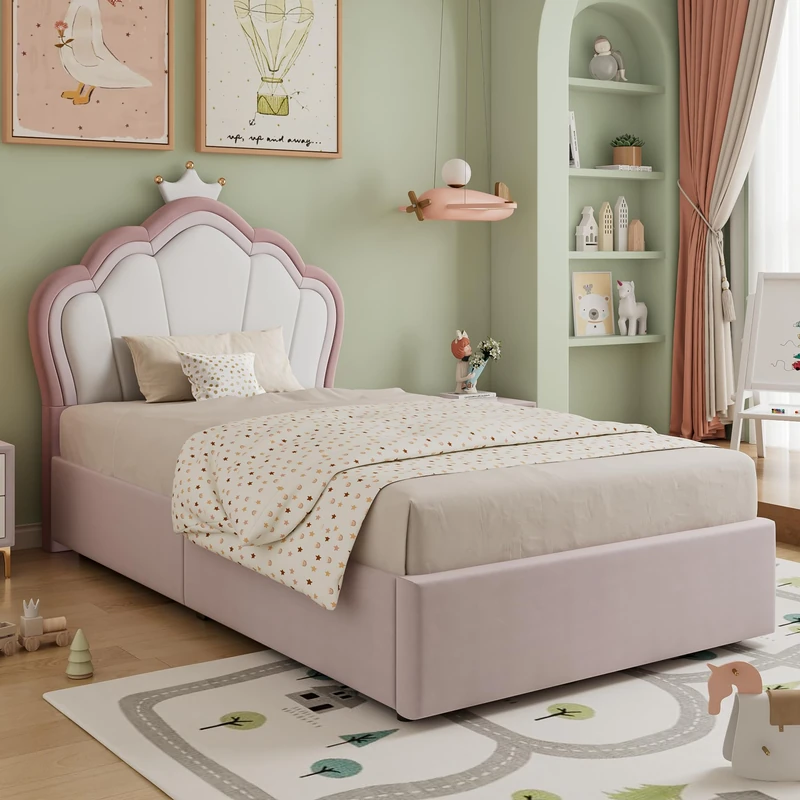 Ball & Cast Upholstered bed, Hydraulic bed with storage function, 3ft single bed 90×190cm, Durable and Sturdy, Kids Bed, Velvet + Plywood, Pink, No Mattress