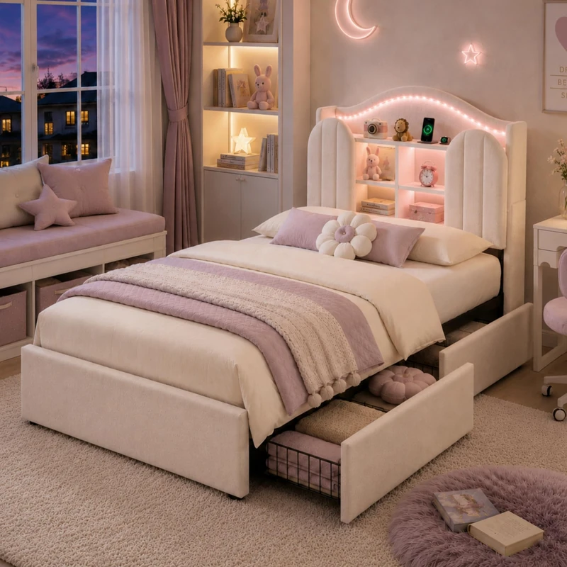 Ball & Cast 3FT Single Kids Bed Frame 90 x 190 cm, Upholstered Bed with House-Inspired LED Storage Headboard, Charging Station & 2 Reversible Drawers, Cream White, Velvet