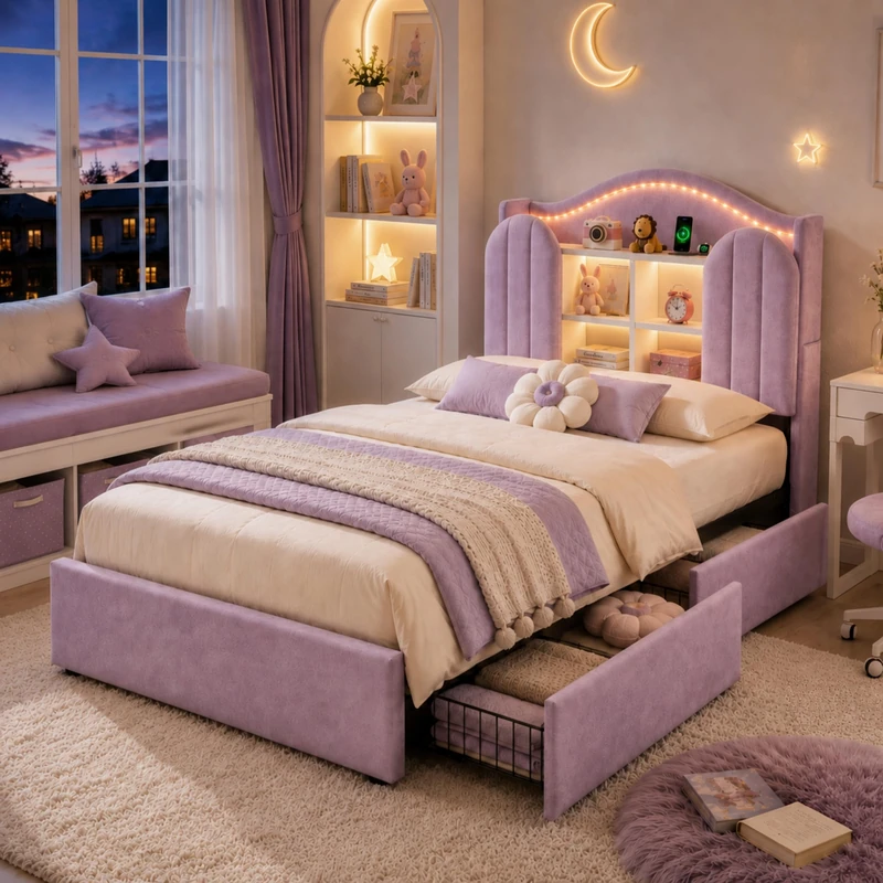 Ball & Cast 3FT Single Kids Bed Frame 90 x 190 cm, Upholstered Bed with House-Inspired LED Storage Headboard, Charging Station & 2 Reversible Drawers, Purple, Velvet