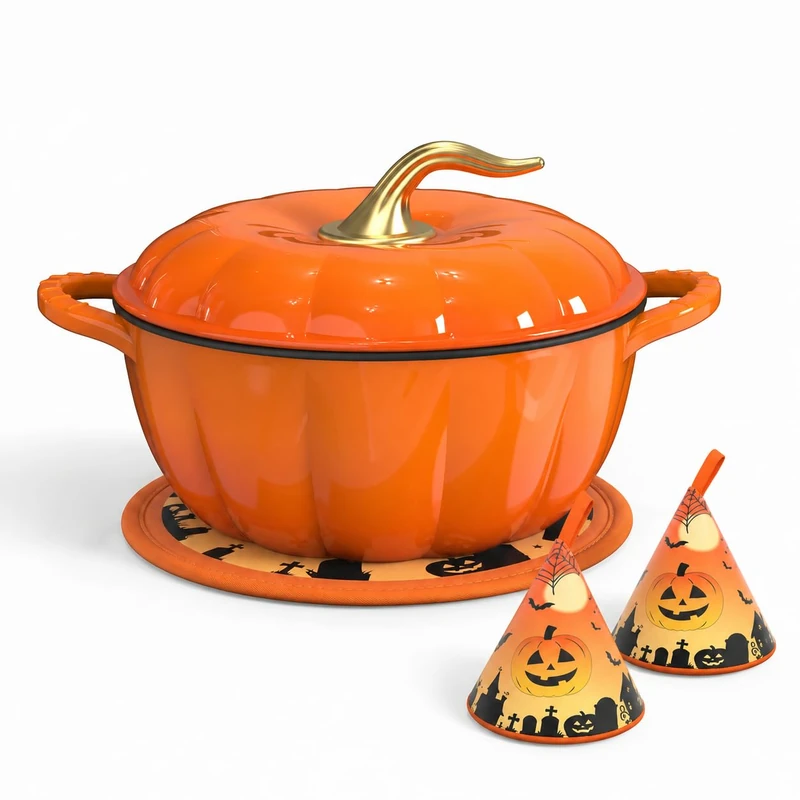 ROVSUN Halloween Pumpkin Enamelled Cast Iron Pot, Casserole Dish with Lid