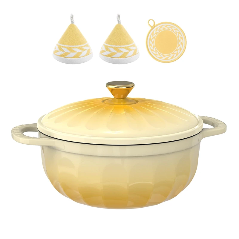 ROVSUN Flower Enamelled Cast Iron Dutch Oven, Warm butter yellow, 5QT