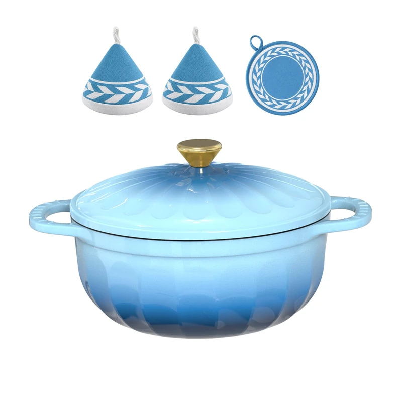 ROVSUN Flower Enamelled Cast Iron Dutch Oven, Blue, 5QT