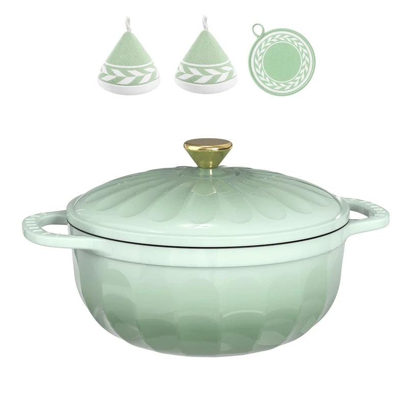 ROVSUN Flower Enamelled Cast Iron Dutch Oven, Sage Green, 5QT