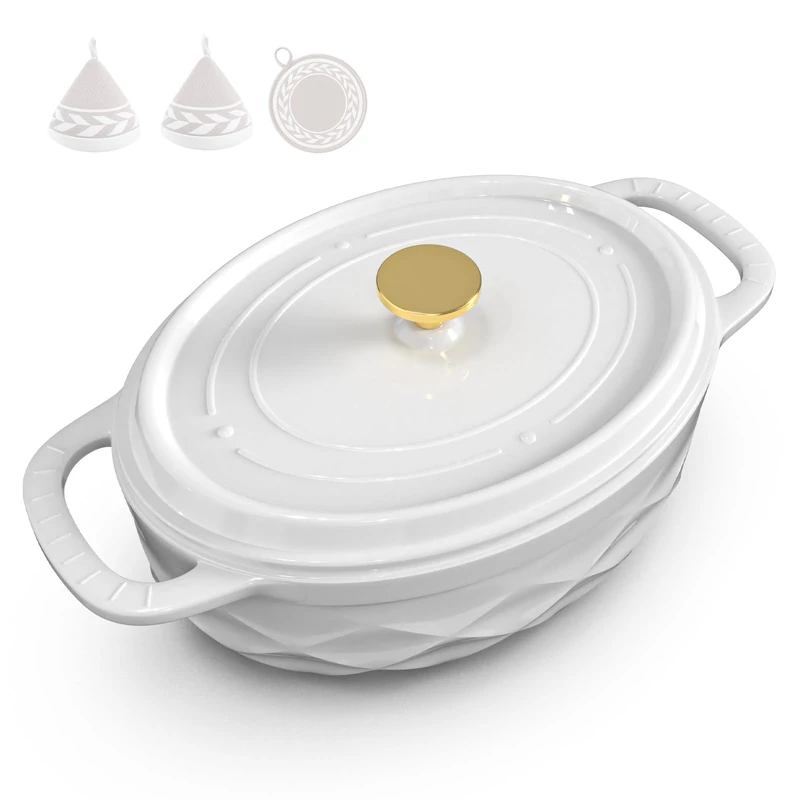 ROVSUN Diamond Shaped Cast Iron Dutch Oven with Lid, 7.5QT,Ceramic White